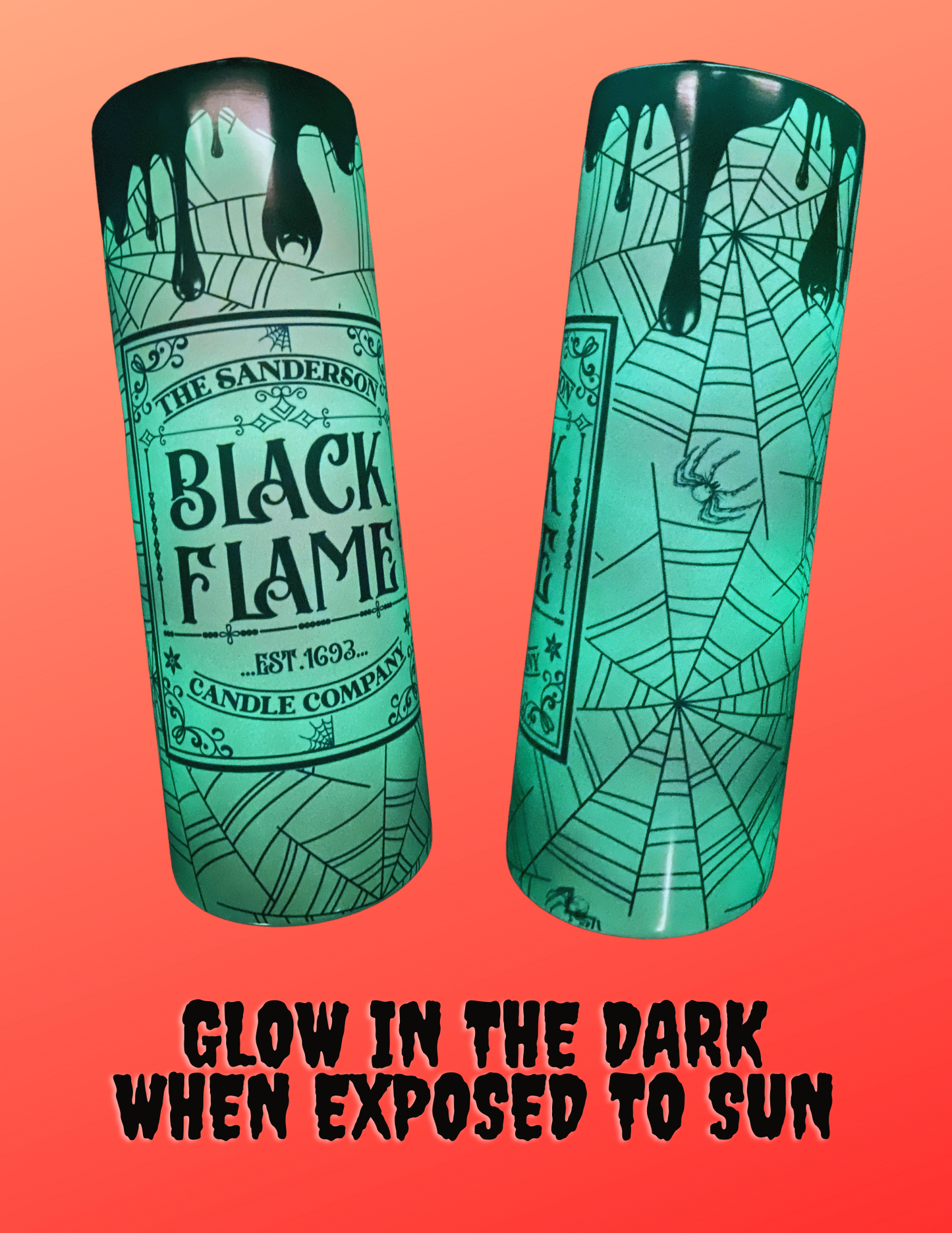 Black Candle Glow in the dark 20 oz. tumbler for cold and hot drinks, hocus pocus inspired, double wall insulated tumbler